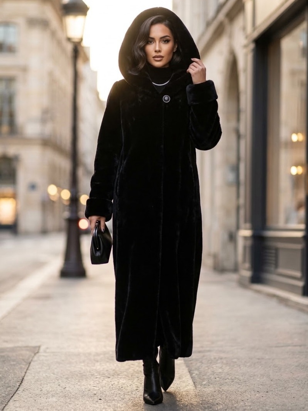 Bianca Nygård Vintage Black Plush Faux Fur Hooded Maxi Coat S/P